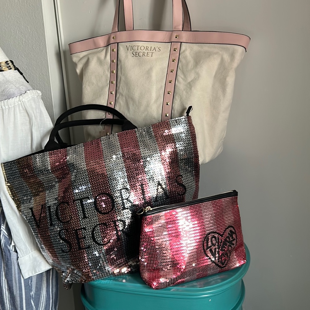 Victoria’s Secret Bags Set - 3 Signature Sequined Tote Make Up Bags Multipsck